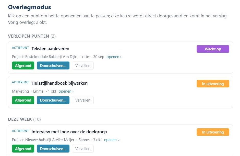Overlegmodus met open punten en knoppen afgerond, doorschuiven en vervallen