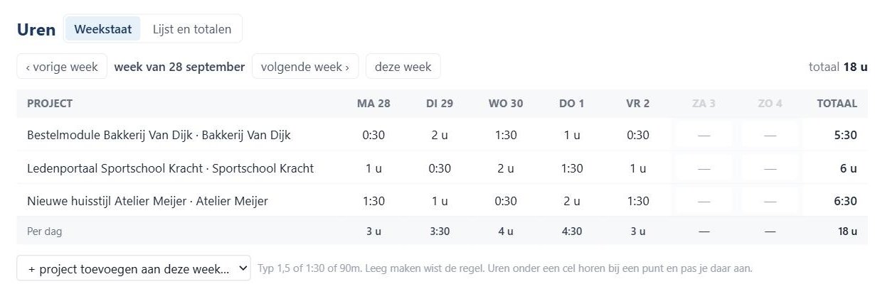 Weekstaat met uren per project per dag